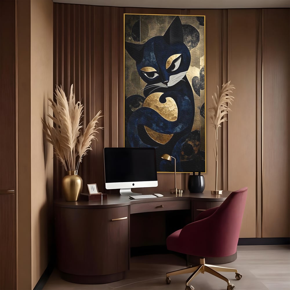 Tablou canvas cu tablou canvas cu pisica neagra si aurie, in rama de aluminiu auriu, pe perete intr-un birou